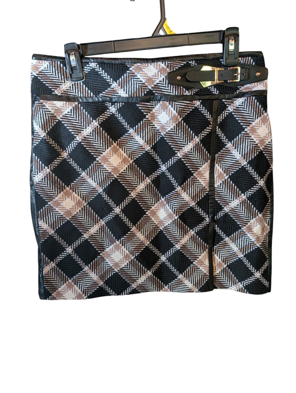 White House Black Market Black And Tan Plaid Skirt With Buckle Size 6